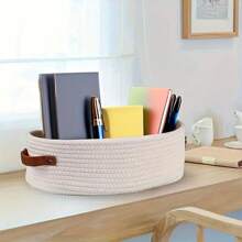 1pc Woven Storage Basket With Handle, Multi-Purpose Desktop Organizer Box, Bathroom Toilet Paper Holder, Dual Handle Office Desk Home Storage Basket