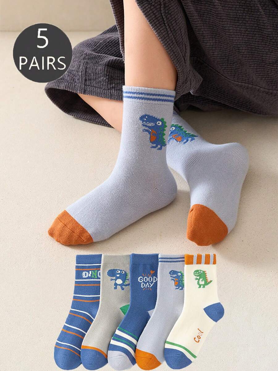 5 Pairs Kids' Dinosaur Striped & Letter Pattern Mid-Calf Socks, Cartoon Design For Boys, Spring Autumn Winter, Polyester, Unisex - Multicolor - View 1