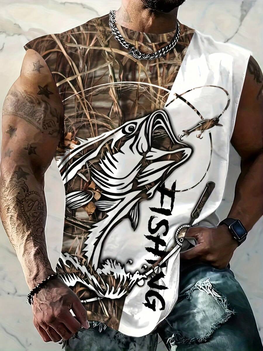 Plus Size Men Cartoon Animal Print Sleeveless Tank Top, Casual Sports T-Shirt Suitable For Outdoor, Street-Style Clothing