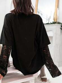 1 szt. Damska luźna koronkowa koszulka z długim rękawem, wygodna i modna do codziennego noszenia, na wyjścia, do biura, do szkoły, na festiwal muzyczny, na wiosnę/lato/jesień