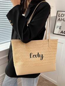 Personalized Women's Minimalist Woven Tote Bag, Large Capacity Fashion Beach Vacation Handbag With Zipper Closure, Black And White Contrast Straps, Fabric Shoulder Bag - Multicolor - View 5