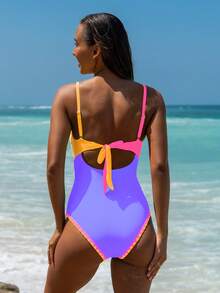 popvil Traje de baño de una pieza con cordones en la espalda y bloques de color, para playa y vacaciones, verano - Morado - Ver 2