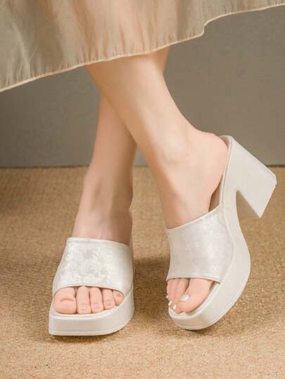 High Heel Sandalen einfarbig Mode PU Leder Blumenprint Slide Sandalen, geeignet für Partys in jeder Jahreszeit