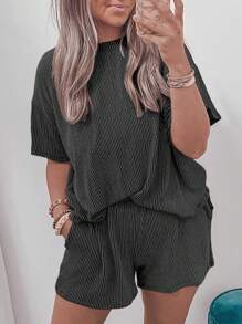 Plus Size Ribbed Textured Knit Loose Fit Tee And Shorts Set Two Pieces Set Women
