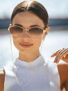 1pc Full Frame Diamond Shape Chain Decorative Fashion Retro Versatile Eyeglasses For Summer Beach Vacation,Outdoor,Travel - Gradient Brown - View 3