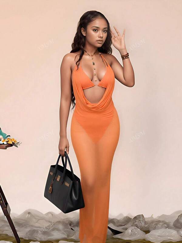 Robe longue ajustée à col drapé profond et ajouré sexy, col drapé en maille. Parfait pour les fêtes d'anniversaire, les plages et comme cache-maillot
