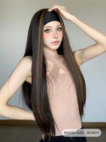26Inch Long Synthetic Brown Interlaced( Black)Highlight Wig Headband, Heat Resistant Silky Straight Headband Wigs For Women, Christmas Halloween Festival Wig, Daily Party Cosplay - Piano Color - View 2