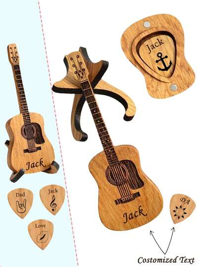1pc Customized Guitar Pick Box, Wooden Guitar-Shaped Pick Case With 3pcs Guitar Picks, Suitable For Guitar, Bass, Ukulele And Other Instruments, Natural Wood Accessory Set,Ukulele,Guitar Stand,Pick