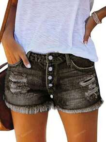 Women's Button Front Pocket Distressed Raw Hem Casual Denim Shorts