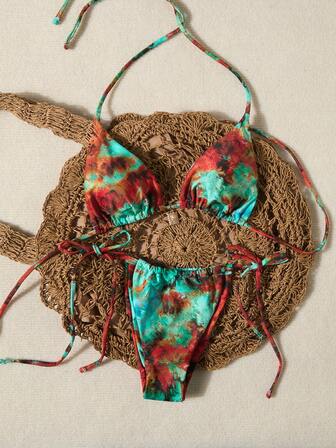 Women's Drawstring Tied Neck Open Back All Over Printed Cute Sweet Bikini Swimsuit, Fashionable & Sexy Casual Swimwear