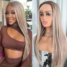 女士灰金色直发假发 13x4 蕾丝前假发 P18/613 挑染真人发假发 180% 挑染金色蕾丝前假发 真人发直发 预拔 高清透明蕾丝