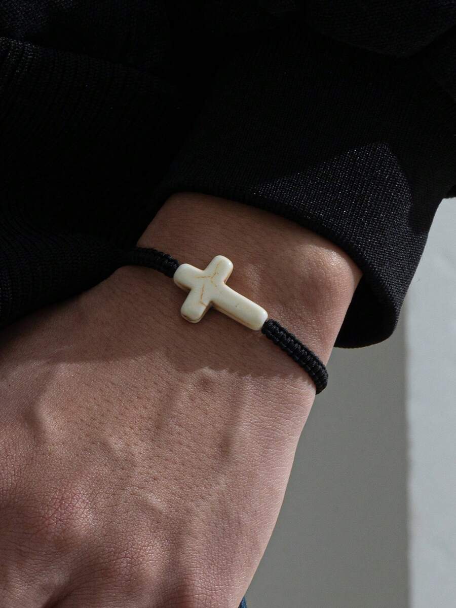 1pc Classic Handmade Braided Turquoise Cross Men Bracelet