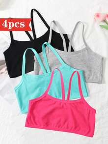 4-Pack Solid Color Girls Seamless Bras, Comfortable And Breathable Sports Bras With Cross Shoulder Straps, Cute And Fashionable Training Bras, Suitable For Teenagers And Students A 7-16 Years Old - Mixed Color(4pcs) - 查看 1
