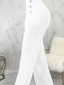 UREREM Damen Hose mit hoher Taille, Metall Schnallen Dekor, geradem Bein, 200G Strickstoff, lässig elegant, weites Bein, minimalistischer Stil, höhenverstärkend, weiß - Weiss - Übersicht 1