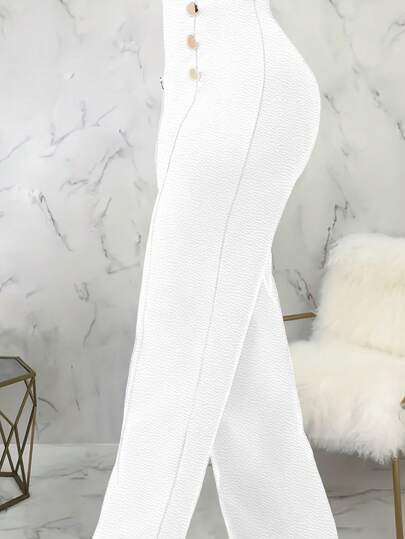 UREREM High Waist Metal Buckle Decor Straight Leg Pants, Knit Fabric 200G, High Waist Trousers, Minimalist Style, Elongating Effect White Spring