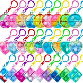 24pcs/Set Random Color Silicone Chain And Plastic Buckle Heart/Round/Square Bubble Wrap Keychain Stress Relief Toy Set, Party Keyring Gift Set Suitable For Halloween, Christmas Holiday Party
