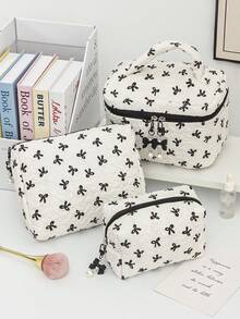 Cute Black&White Ribbon Bow Pattern Cosmetics Storage Bag Soft Fabric Makeup Bag With Detachable Bow Pendant Large Capacity Toiletry Travel Bag With Handle Portable Square Make Up Clutch Bag Fashionable Octagonal Wash Bag With Zipper Good Idea For Wedding Bridesmaid Gifts, Mom Gifts, Birthday Gifts, Valentine's Gift, Back To School Gifts, Travel Must Haves, Beach Bags For Women - White - View 1
