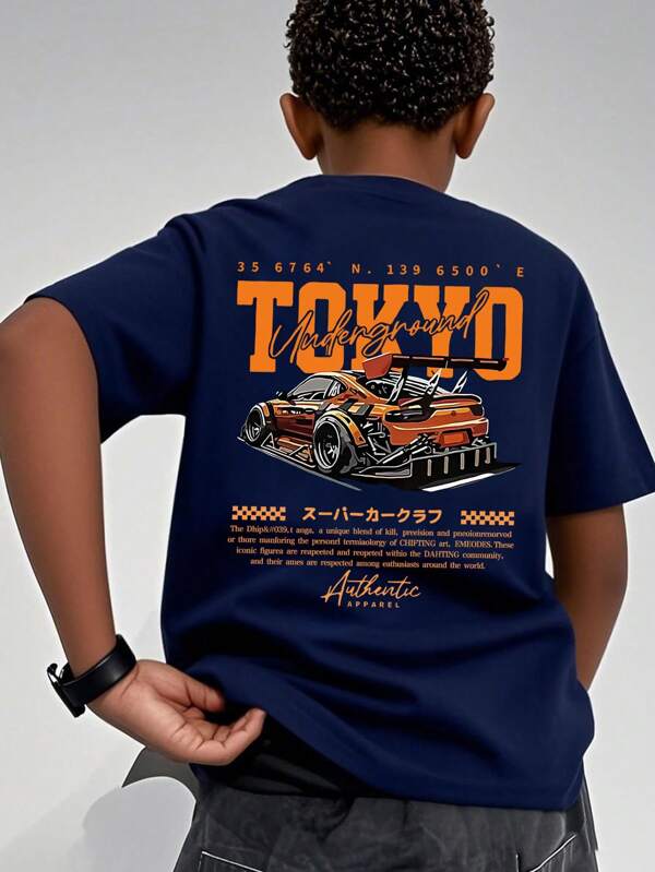 1pc Car Printed Short Sleeve T-Shirt, Suitable For Tween Boy Young Students, Summer Tops
