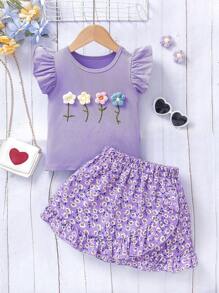 Conjunto de vacaciones para niña: Camiseta azul con estampado floral menudo con decoración floral en 3D + Falda con volantes y estampado floral menudo, estilo dulce para niñas, apropiado para actividades al aire libre y sesiones de fotos, talla 4-7 años, primavera/verano