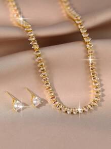 3pcs/Set Fashionable Luxury Water-Drop Cubic Zirconia Women Earrings Necklace Jewelry Sets For Wedding Party Daily Wear