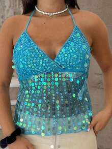 Women's Halter Neck Vest Summer Sleeveless Open Back Slim Fit Tie Up Sequins Tank Tops - 藍色 - 查看 6