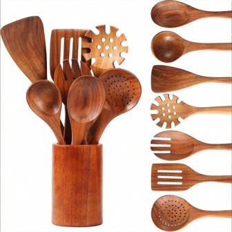 8 PIEZAS/7 PIEZAS/1 PIEZA Utensilios de cocina de madera, 8 piezas de cucharas, espátulas y un barril de almacenamiento de madera de teca natural para sartén antiadherente