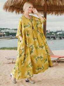 上衣，中国春节，2026 女装连衣裙，女式大码连衣裙，日常穿着，印花连衣裙，夏季圆领短袖休闲宽松连衣裙，沙滩度假连衣裙