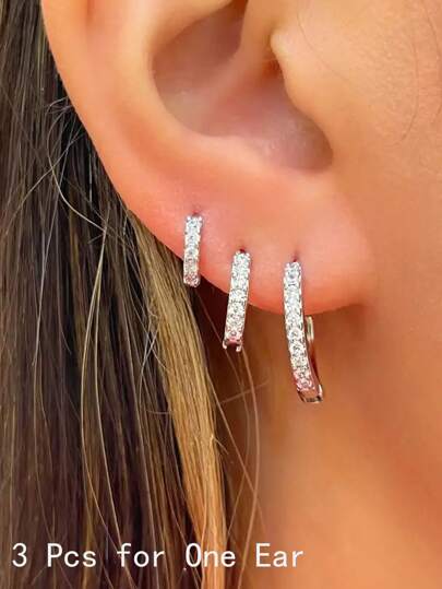 Set di 3 orecchini a cerchio in CZ per donne, in argento con zirconia cubica scintillante, semplici e piccoli, da indossare per vari piercing come eliche, trago e cartilagine