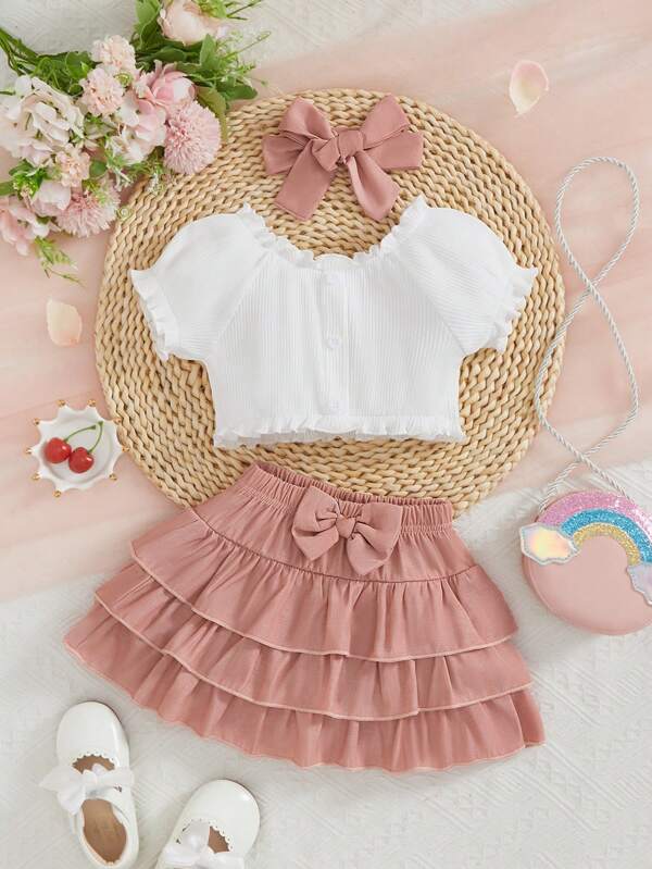 Baby Girl Summer Fashion Elegant Sweet Vacation Party Performance EU&US Style Drop Shoulder Ruffle Trim Crop Top, Bowknot Cake Skirt, With Headband