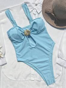 Sexy One-Piece Ruffle Metal Decor Women's Swimsuit, Stylish European & American Design - Blue - View 2