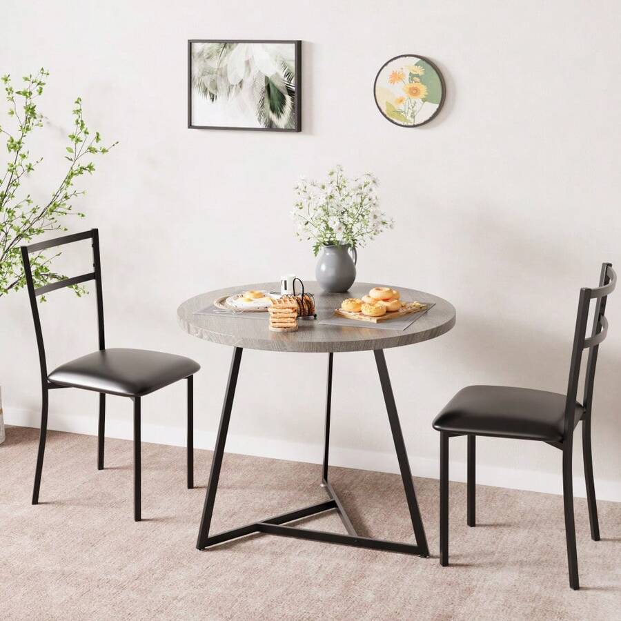 Huisuilinss 3-Piece Wooden Round Table & Chair Set,Small Kitchen Table For 2,Space Saving Kitchen Breakfast Nook With Metal Frame For Small Space Kitchen Dining Room - 灰色 - 查看 1