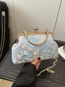 1pc Blue Color Nylon Butterfly Decor Solid Color Evening Clutch Handbag For Women - Blue - View 2