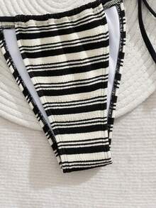 PEPPERMOLLY New Padded Stripe Towel Fabric Adjustable Strap Criss-Cross Back Sexy Bikini Set, Summer Beach Fashion Women Swimwear - Black - View 6