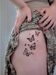 (30 Pieces Per Set) Creative Black Small Design Temporary Tattoo Stickers, Realistic Tree Branches, Starry Sky, Butterfly Flower Tattoos Suitable For Men And Women, Waterproof, Suitable For Arms, Face, Fingers, And Neck - Black - View 9