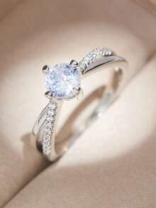 1pc Minimalist Chic Claw-Set Round White Zirconia Ring, Surprise Gift For Ladies, Valentine's Day/Dating - Silver - View 1