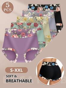 MIOTAN 5条装女士高腰/中腰花卉印花内裤，优雅、有弹性、柔软、透气 - 彩色 - 查看 5