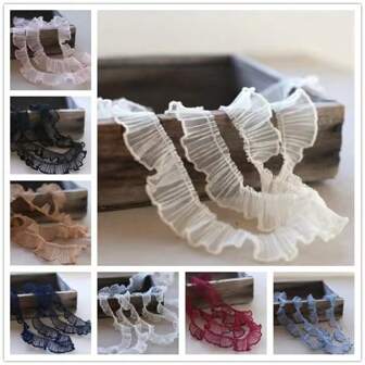 双色刺绣褶饰蕾丝面料 DIY 缝纫贴花服装装饰配件饰边，2 厘米宽