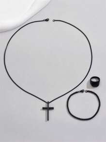 Set de joyería de 3 piezas con colgante, pulsera y anillo de cruz de acero inoxidable simple, estilo casual de calle, regalo ideal para novio, esposo en cumpleaños, aniversario