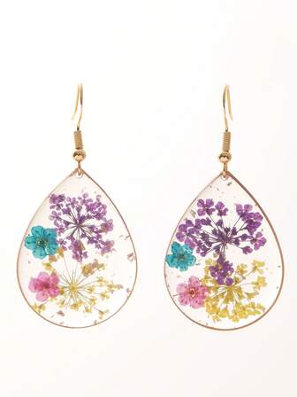 1 Pair Large Teardrop Dried Flower Epoxy Resin Earrings, Suitable For Women