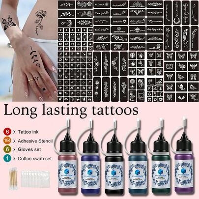 纹身模板染料套装（纹身模板 + 纹身可洗墨水）多种设计，适合男性和女性，用于手指、手腕、肩膀、颈部、锁骨和身体上的临时纹身，防水假纹身模板套装