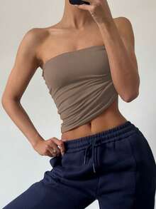 Women's Summer Sexy Strapless Basis Vest Double Layered Thickened Opaque Fashion Solid Elastic Slim Fit Tube Top For Women Four Seasons Wear - 卡其色 - 查看 10