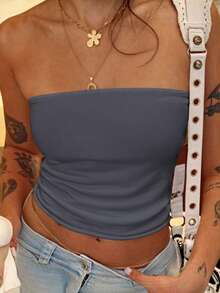Women's Summer Sexy Strapless Basis Vest Double Layered Thickened Opaque Fashion Solid Elastic Slim Fit Tube Top For Women Four Seasons Wear - 藍灰色 - 查看 9