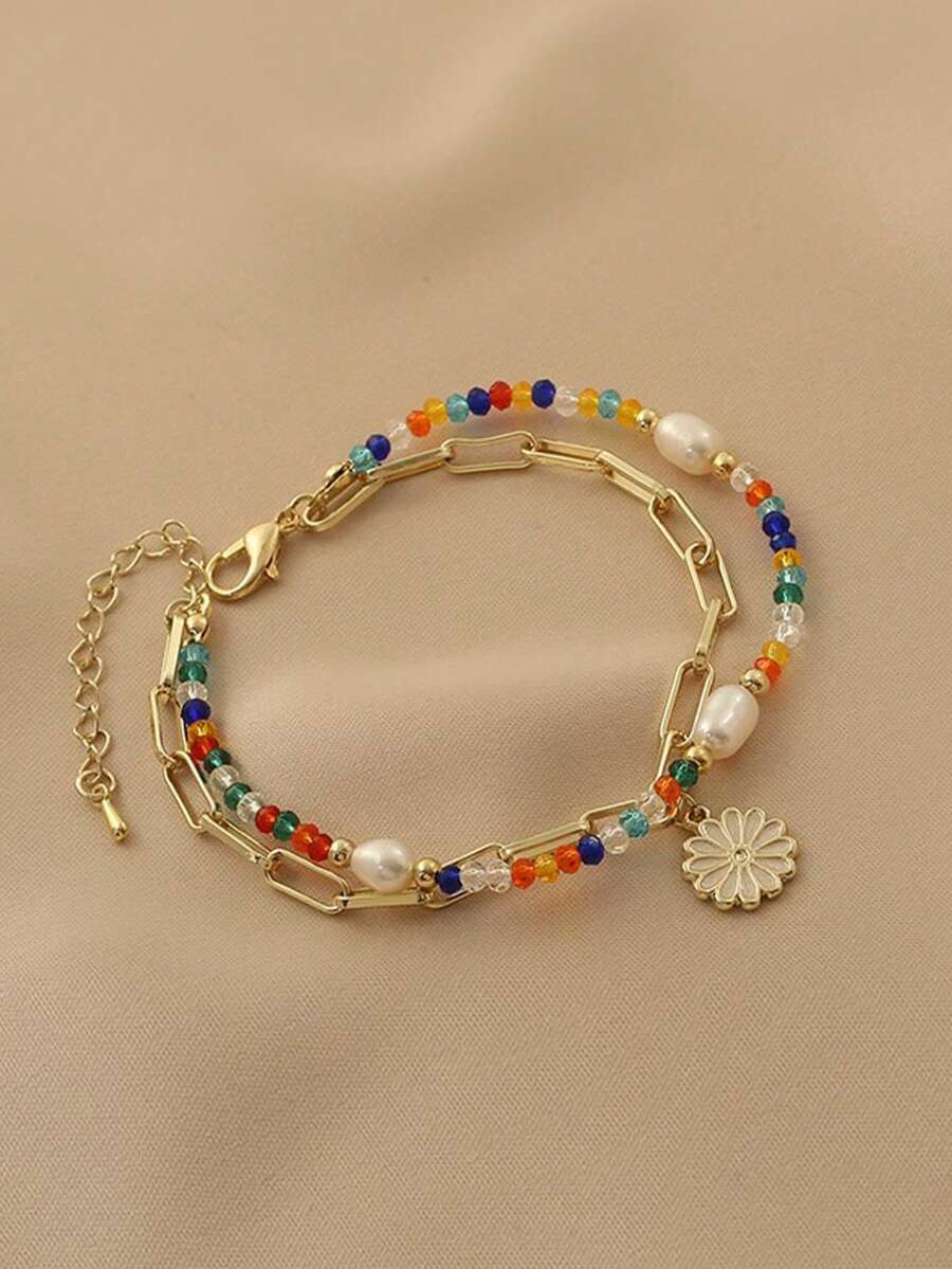 A Niche Design Double Daisy-Flower Colored Beaded Bracelet Women's High Touch Accessories - Yellow Gold - View 1
