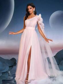 Anymoon 女士 3D 花卉装饰网眼长款晚礼服，适合毕业典礼、返校节、正式舞会和婚礼活动、派对礼服、长袍，适合婚礼宾客 - 粉色 - 查看 6