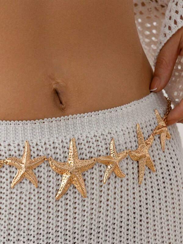 Cadena para la cintura con flor de estrella de mar y perlas, accesorios bohemios versátiles- Cinturón para vestido de mujer de alta gama con banda metálica retro