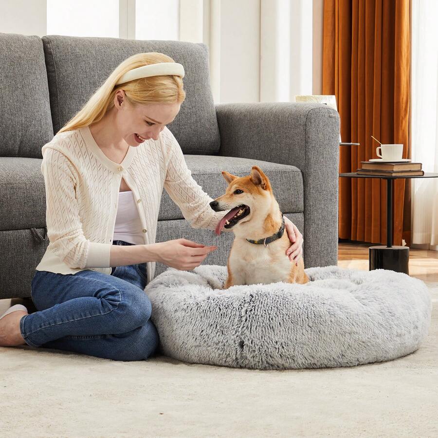 Plush Round Cat Bed With Non-Slip Base – Ultra-Soft Faux Fur For Pets 15-90 Lbs, 4 Sizes (Small To XL) – Cozy & Machine Washable,Grey - Grey - View 1