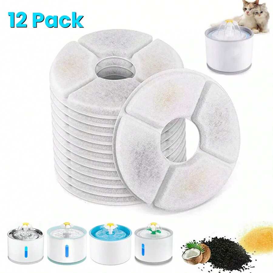 12 Pack Cat Water Fountain Filters - Replacement Filters For Automatic Pet Fountain, Activated Carbon & Sponge, Universal Fit For Most Fountains, Easy Clean, 2-4 Weeks Replacement - White - View 1