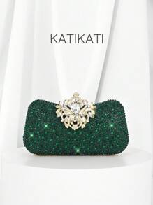 1 pieza KATIKATI Bolso de noche elegante de color verde esmeralda con decoración de cristales de lujo y cierre de cristal, bolso de mano de moda para mujer, adecuado para fiestas formales, bodas, banquetes, regalo ideal para el Día de San Valentín