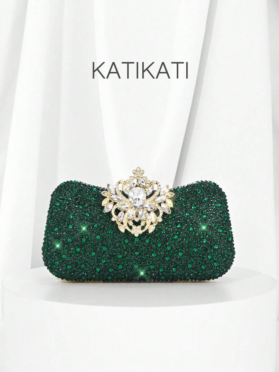 1 pieza KATIKATI Bolso de noche elegante de color verde esmeralda con decoración de cristales de lujo y cierre de cristal, bolso de mano de moda para mujer, adecuado para fiestas formales, bodas, banquetes, regalo ideal para el Día de San Valentín