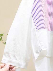 Striped Patchwork Design Casual Loose Blouse Shirt, Fashionable For Women, Spring/Autumn